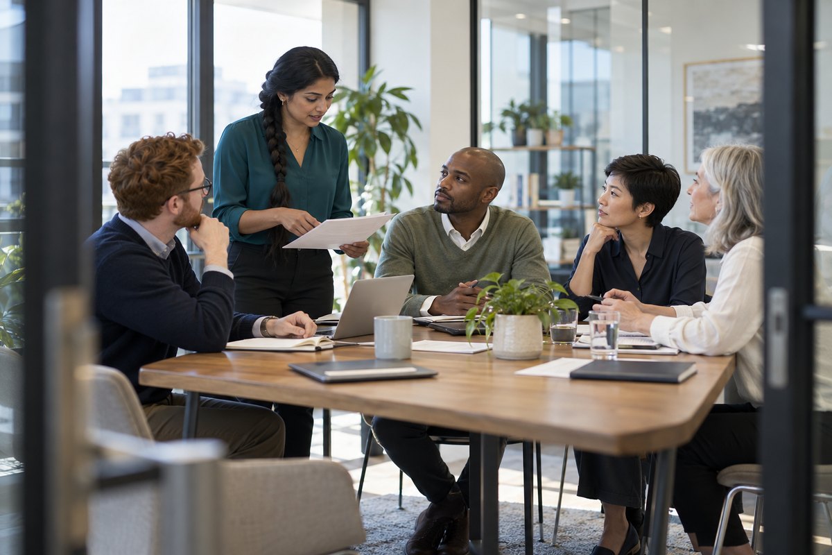 Team members discussing documents around a table in a bright modern office