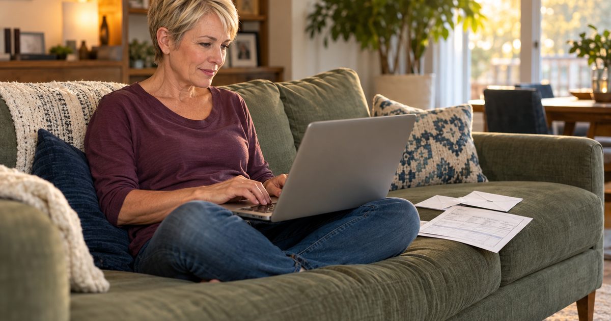 Woman at home on her laptop with bills and envelopes beside her on the sofa