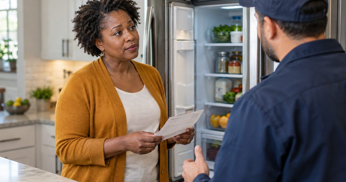 Woman holding a repair bill while talking with an appliance technician beside an open refrigerator