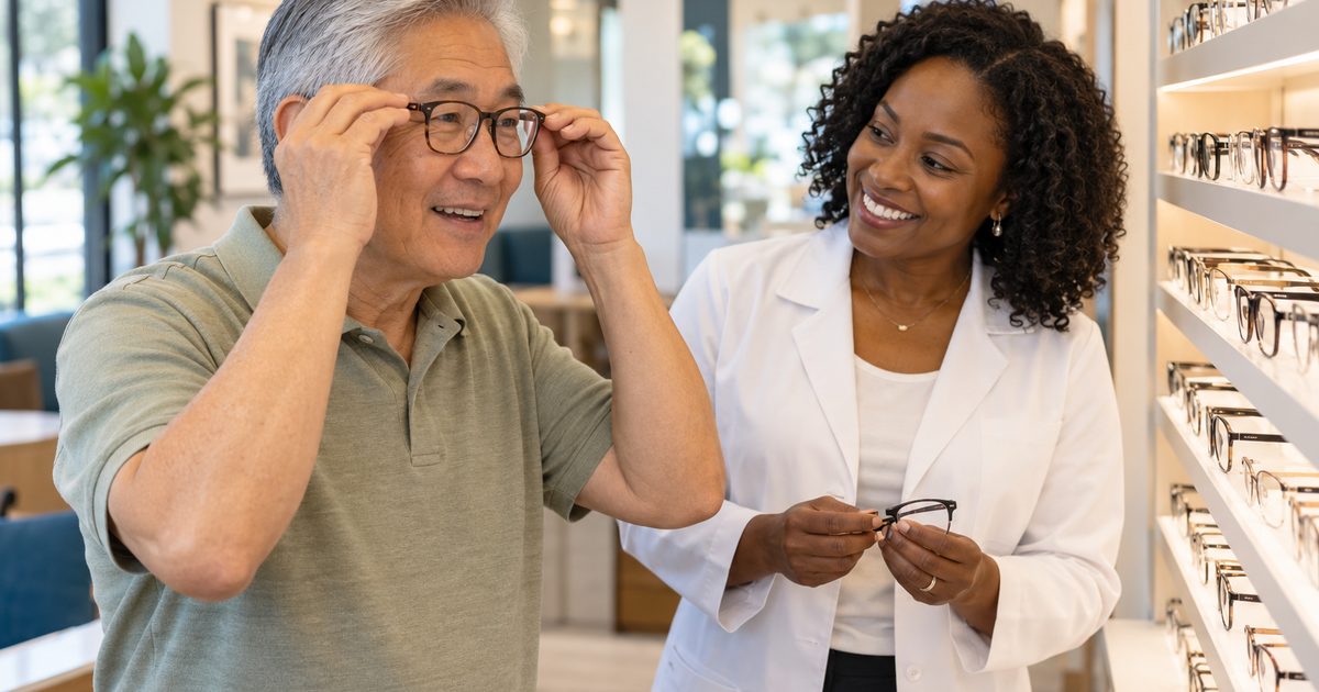 Customer trying on prescription glasses with help from an optician