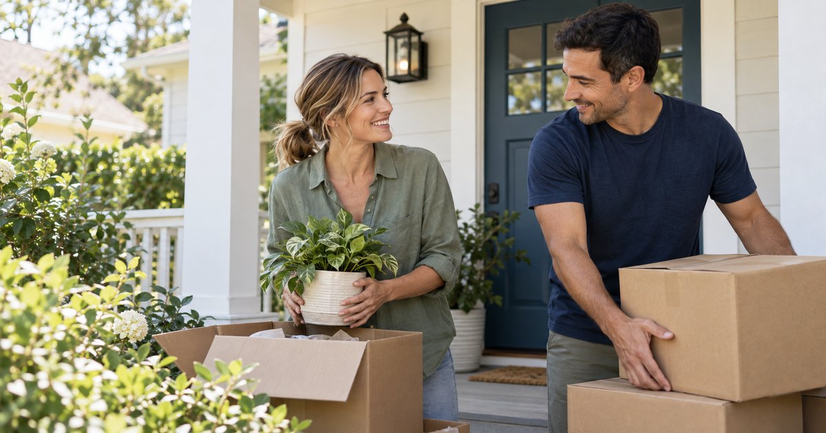 Smiling couple unpacking boxes on the porch of their home